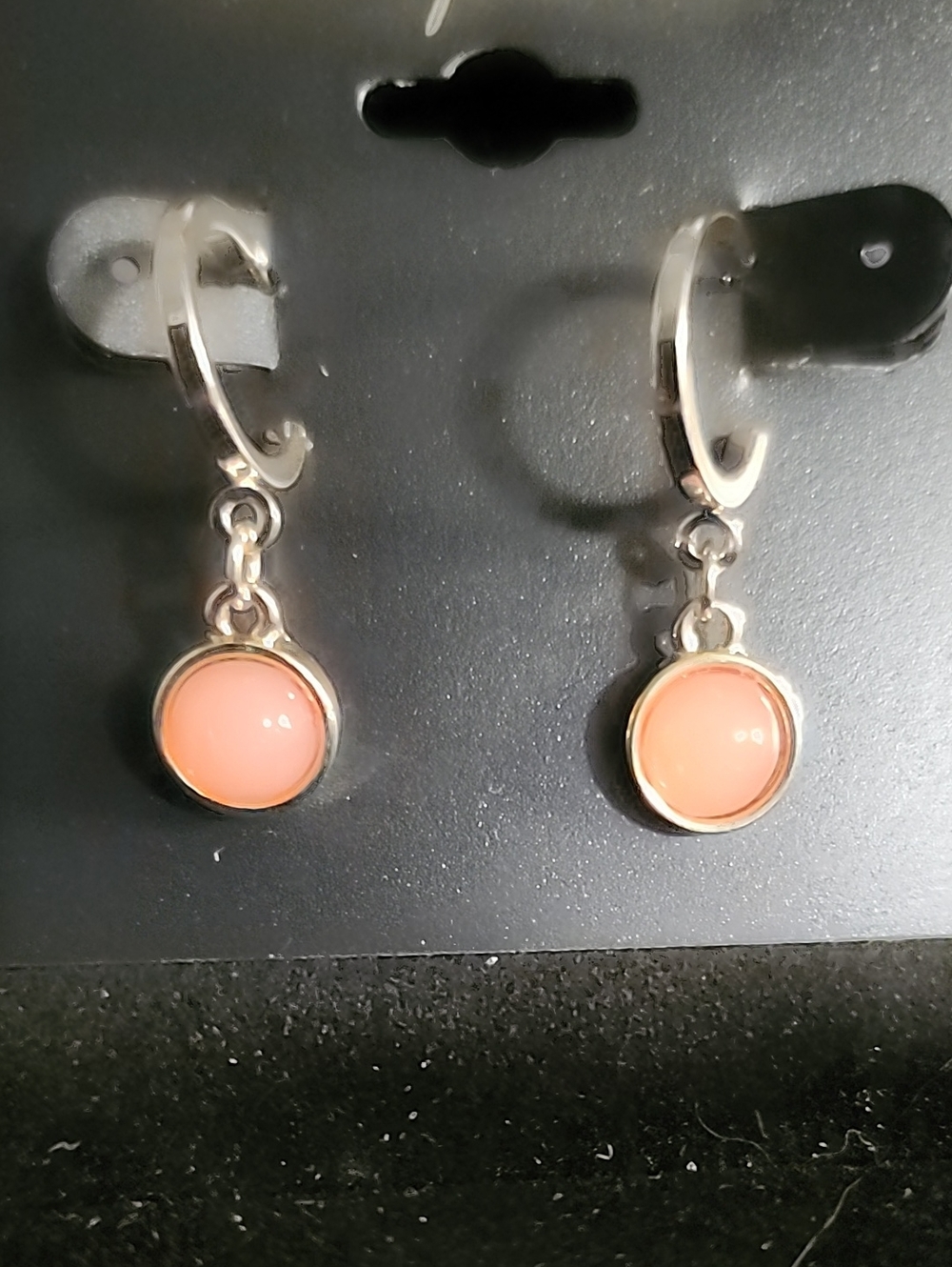 Silver Hoop Drop Earrings with Peach Pink Cabochon